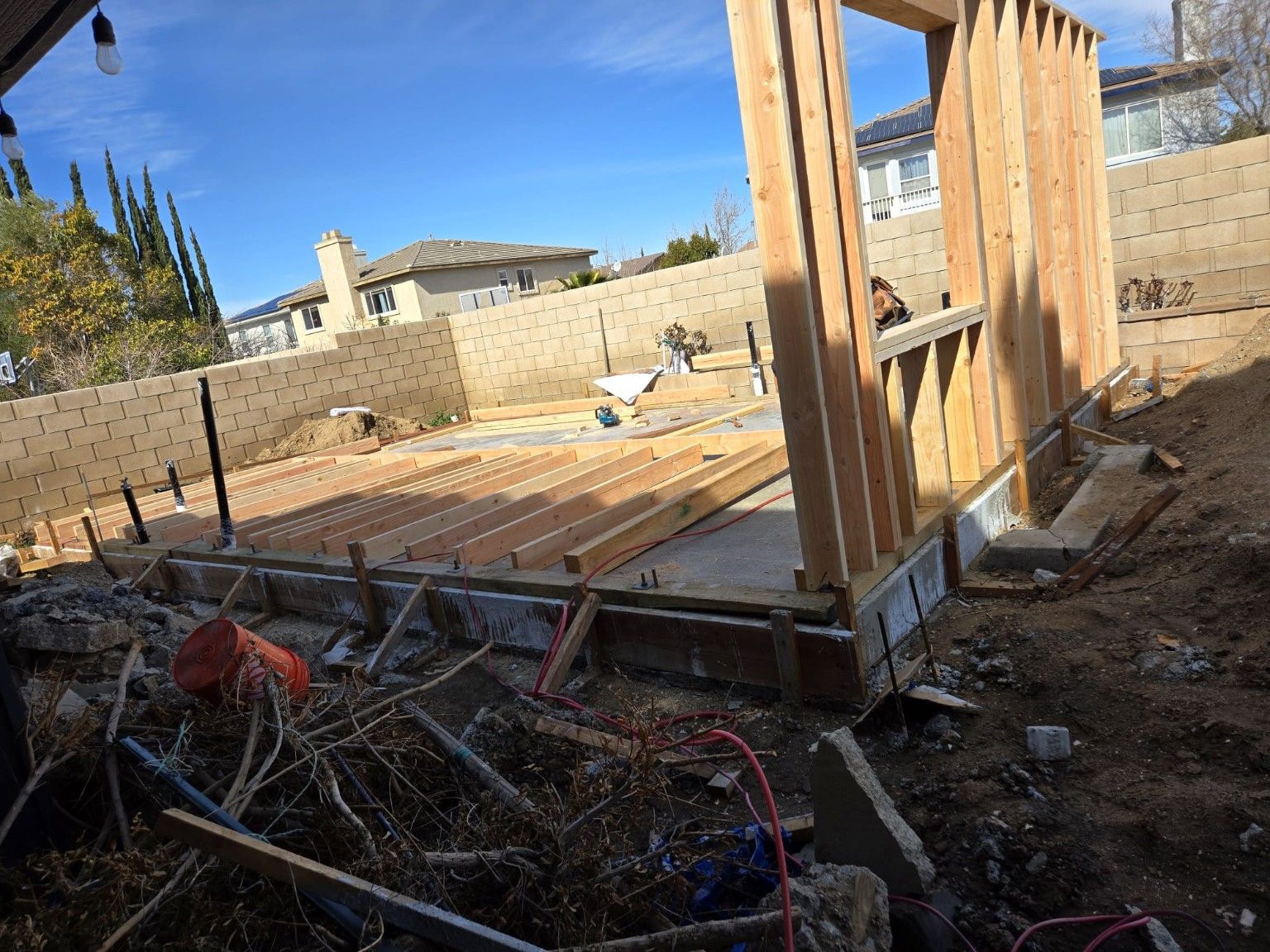 Wood floor structure and upright wall framing during construction