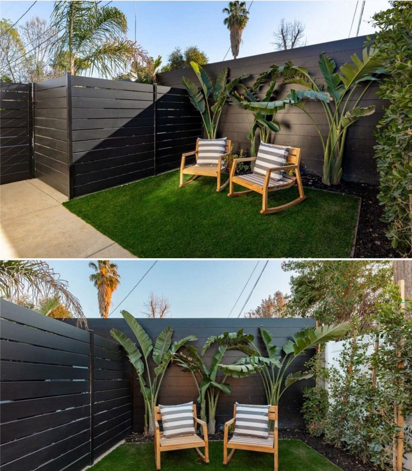 Two views of an outdoor sitting area with artificial turf, horizontal fencing and tropical plants