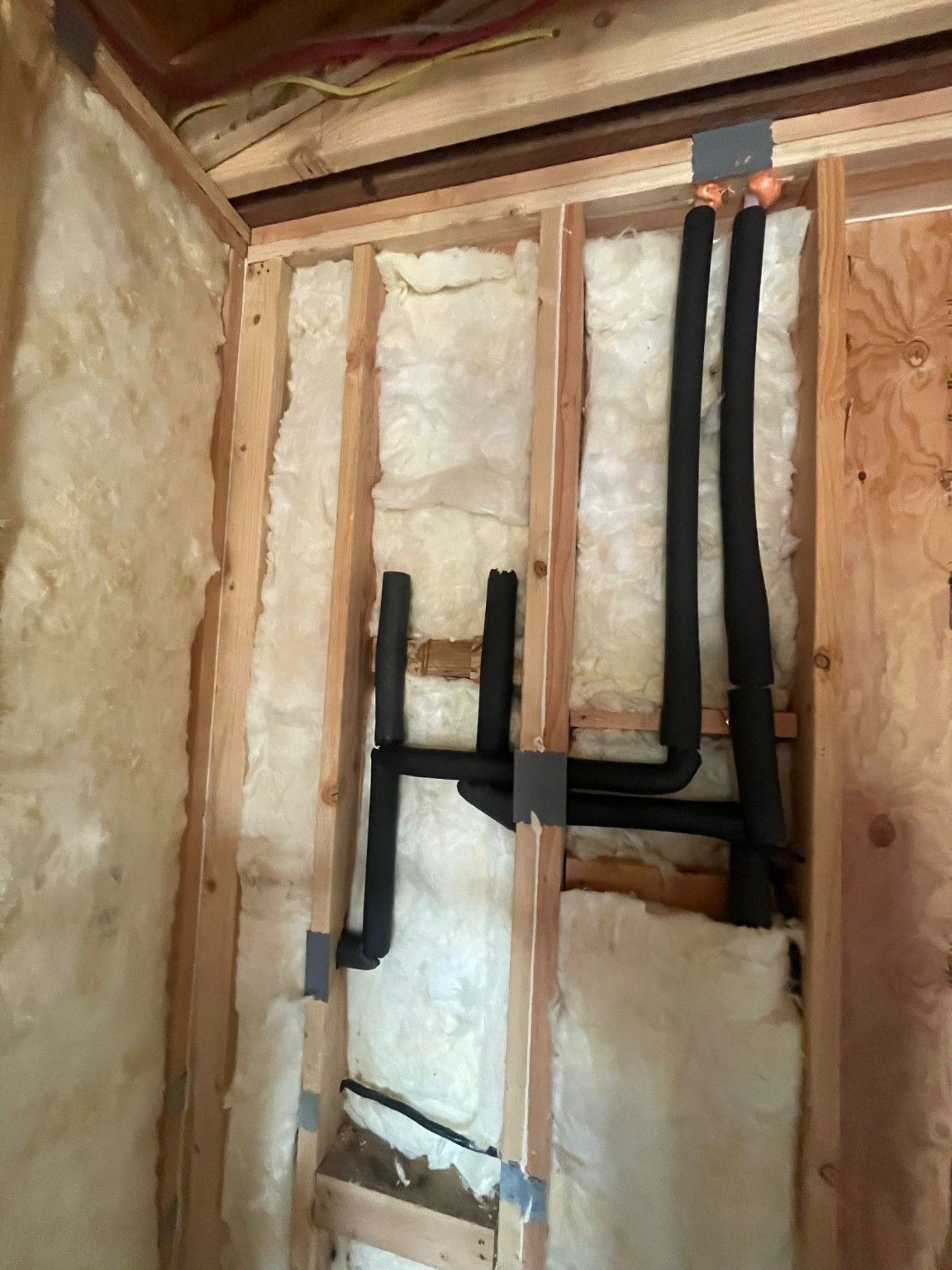 Rough plumbing pipes within exposed wall framing and insulation